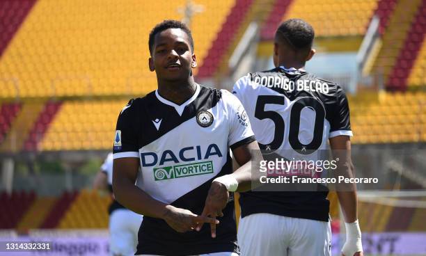 Jayden Braaf of Udinese Calcio celebrates after scoring their side's fourth goal during the Serie A match between Benevento Calcio and Udinese Calcio...