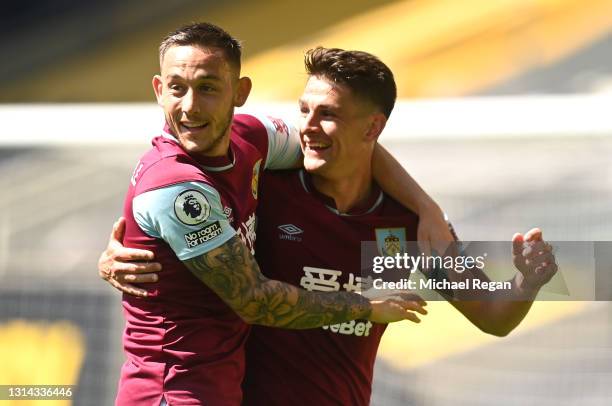 Ashley Westwood of Burnley celebrates after scoring their side's fourth goal during the Premier League match between Wolverhampton Wanderers and...