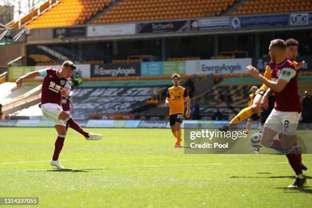 Ashley Westwood of Burnley scores their team's fourth goal during the Premier League match between Wolverhampton Wanderers and Burnley at Molineux on...