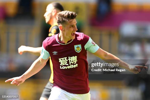 Ashley Westwood of Burnley celebrates after scoring their side's fourth goal during the Premier League match between Wolverhampton Wanderers and...