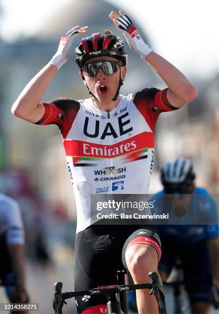 Tadej Pogacar of Slovenia and UAE Team Emirates celebrates at arrival during the 107th Liege - Bastogne - Liege 2021, Men's Elite a 259,5km race from...