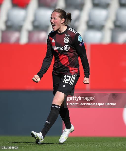 Sydney Lohmann of FC Bayern Munich celebrates after scoring their side's first goal during the First Leg of the UEFA Women's Champions League Semi...