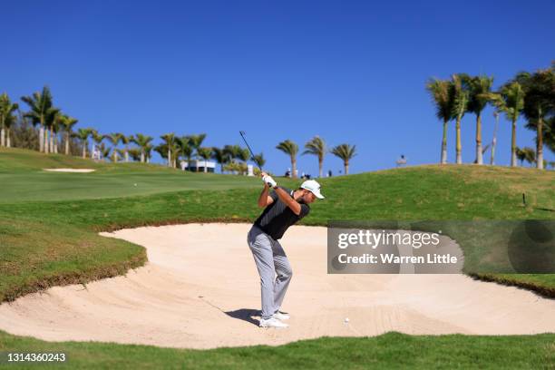 Maximilian Kieffer of Germany plays his second shot on the 18th hole during day Four of the Gran Canaria Open at Meloneras Golf Club on April 25,...