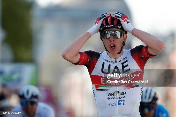 Tadej Pogacar of Slovenia and UAE Team Emirates celebrates at arrival during the 107th Liege - Bastogne - Liege 2021, Men's Elite a 259,5km race from...