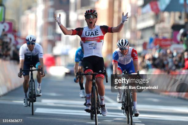 Tadej Pogacar of Slovenia and UAE Team Emirates celebrates at arrival during the 107th Liege - Bastogne - Liege 2021, Men's Elite a 259,5km race from...