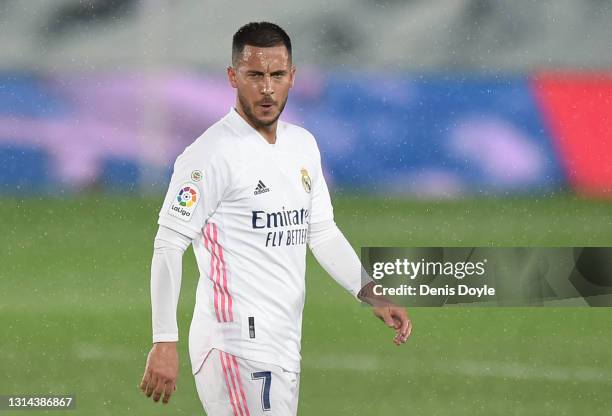 Eden Hazard of Real Madrid reacts at the end of the La Liga Santander match between Real Madrid and Real Betis at Estadio Santiago Bernabeu on April...