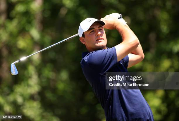 Scottie Scheffler plays his shot from the third tee during the final round of the Zurich Classic of New Orleans at TPC Louisiana on April 25, 2021 in...