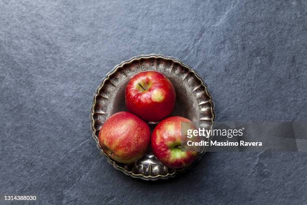 red apples in a silver plate - metal serving tray stock pictures, royalty-free photos & images