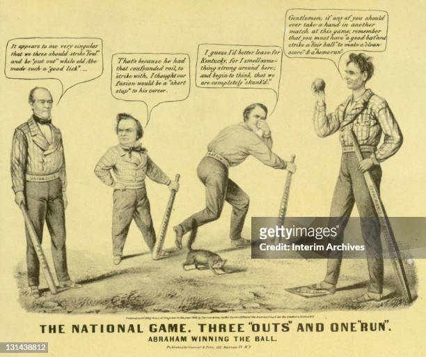 Cartoon titled "The National Game, Three 'Outs' and One 'Run'," depicting the 1860 elections as a baseball game won by Abraham Lincoln over John...