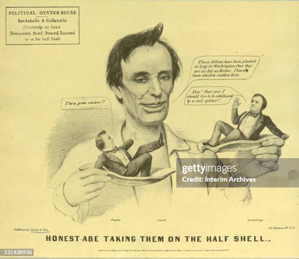 Political cartoon showing the Republican candidate Abraham Lincoln sizing up miniaturized versions of his two southern Democratic rivals Stephen...