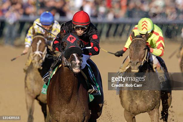 Jockey Juan Leyva guides Musical Romance to win the Breeders' Cup Filly & Mare Sprint during the 2011 Breeders' Cup World Championships at Churchill...