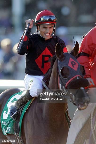 Jockey Juan Leyva reacts aboard Musical Romance after winning the Breeders' Cup Filly & Mare Sprint during the 2011 Breeders' Cup World Championships...