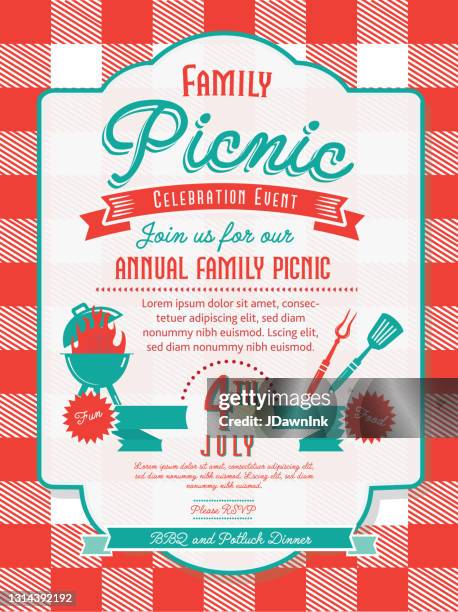 ilustraciones, imágenes clip art, dibujos animados e iconos de stock de plantilla de diseño de invitación a la fiesta de barbacoa de picnic familiar de moda y estilizada para comidas y celebraciones de verano - invitation