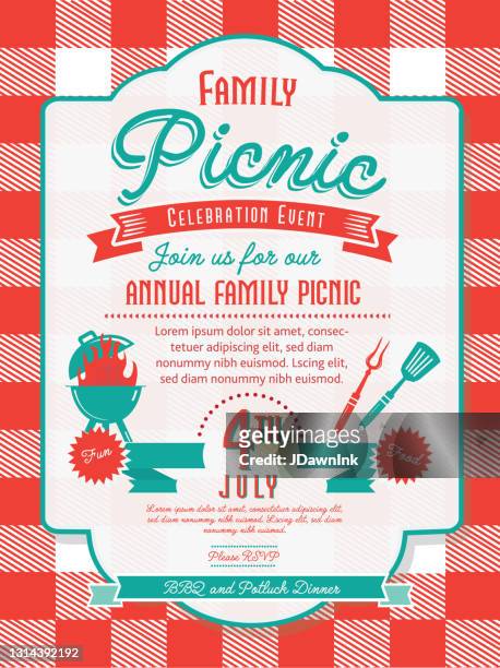 bildbanksillustrationer, clip art samt tecknat material och ikoner med trendig och stiliserad family picnic bbq party inbjudan design mall för sommar cookouts och firande - bordsduk