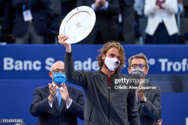 Stefanos Tsitsipas of Greece poses with the finalist trophy after his defeat against Rafael Nadal of Spain in their final match during day seven of...