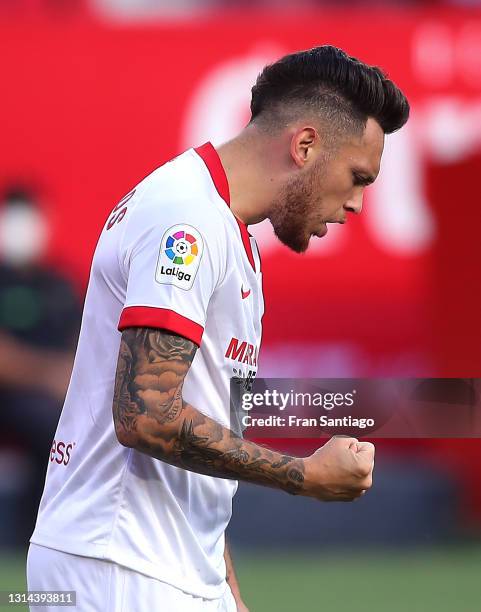 Lucas Ocampos of Sevilla FC celebrates scoring a goal during the La Liga Santander match between Sevilla FC and Granada CF at Estadio Ramon Sanchez...