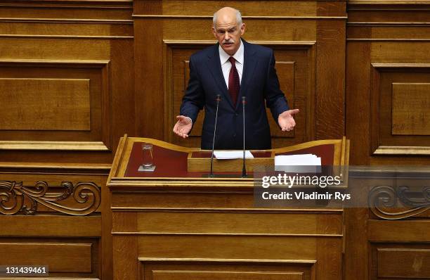 Greek Prime Minister George Papandreou delivers his speech ahead of the confidence vote in his government, in the Greek parliament on November 04,...