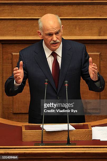 Greek Prime Minister George Papandreou delivers his speech ahead of the confidence vote in his government, in the Greek parliament on November 04,...