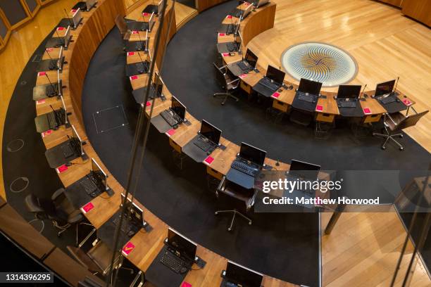 An interior view of the Welsh Parliament debating chamber, known as the Siambr, in the Senedd on April 13, 2021 in Cardiff, Wales. The 2021 Senedd...