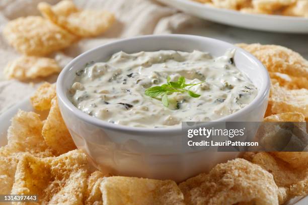 spinach dip with crispy pork rinds - dipping stock pictures, royalty-free photos & images