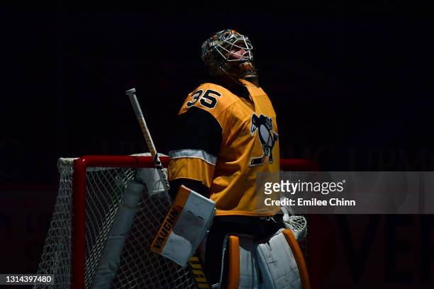 Tristan Jarry of the Pittsburgh Penguins looks on prior to the start of their game against the Boston Bruins at PPG PAINTS Arena on April 25, 2021 in...