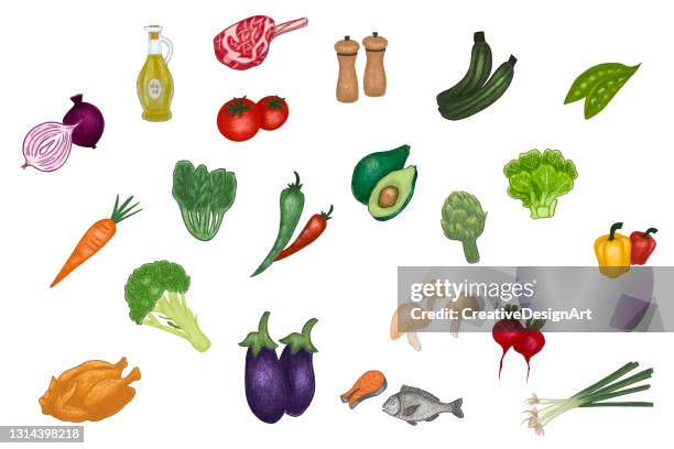 hand drawn color illustration set of vegetables and food - paprika stock illustrations