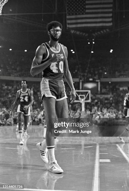 Los Angeles Lakers center Kareem Abdul-Jabbar approaches the back line during an NBA game against the Denver Nuggets at McNichols Arena on November...