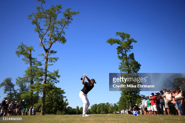 Charl Schwartzel of South Africa plays his shot from the 15th tee during the final round of the Zurich Classic of New Orleans at TPC Louisiana on...
