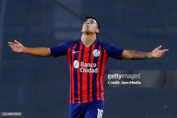 Nicolas Fernandez of San Lorenzo celebrates after scoring his team's first goal during a match between River Plate and San Lorenzo as part of Copa de...
