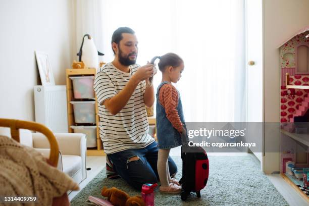 responsible good father braiding little daughters hair, preparations for school - weaving stock pictures, royalty-free photos & images