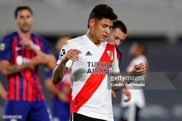 Jorge Carrascal of River Plate reacts during a match between River Plate and San Lorenzo as part of Copa de la Liga Profesional 2021 at Estadio...