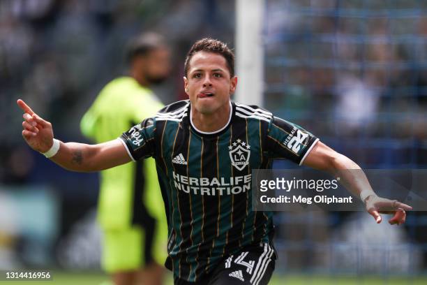 Javier Hernandez of Los Angeles Galaxy celebrates his goal in the first half against the New York Red Bulls at Dignity Health Sports Park on April...