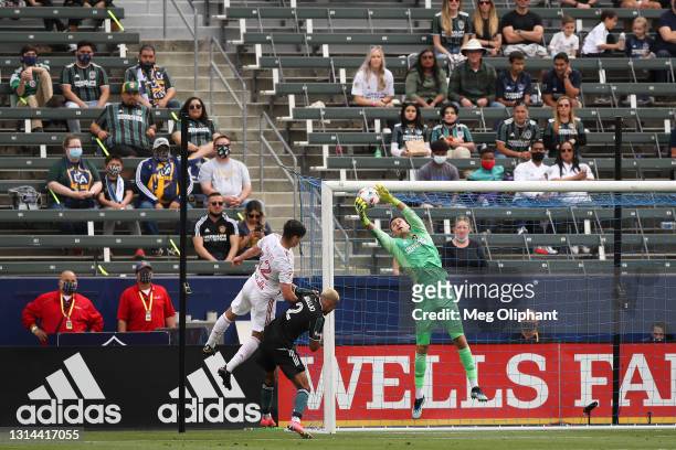 Jonathan Bond of Los Angeles Galaxy makes a save against the New York Red Bulls at Dignity Health Sports Park on April 25, 2021 in Carson, California.