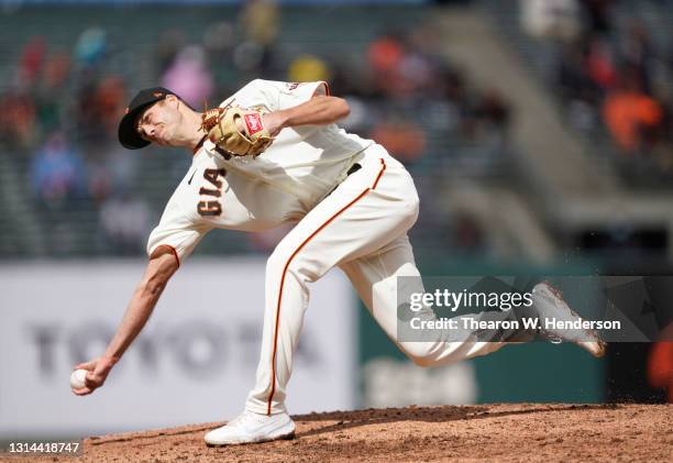 Tyler Rogers of the San Francisco Giants pitches against the Miami Marlins in the ninth inning at Oracle Park on April 25, 2021 in San Francisco,...