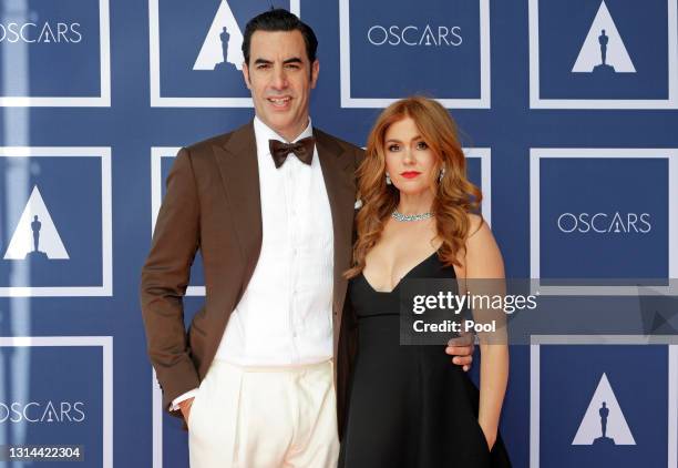 Sacha Baron Cohen and Isla Fisher attend a screening of the Oscars on Monday April 26, 2021 in Sydney, Australia.