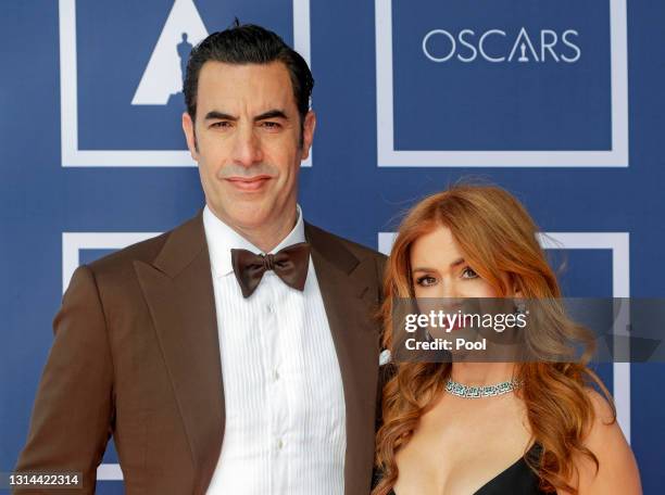 Sacha Baron Cohen and Isla Fisher attend a screening of the Oscars on Monday April 26, 2021 in Sydney, Australia.