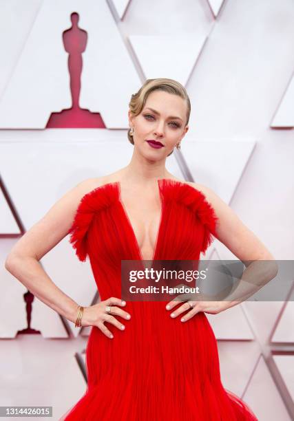 In this handout photo provided by A.M.P.A.S., Amanda Seyfried attends the 93rd Annual Academy Awards at Union Station on April 25, 2021 in Los...