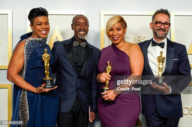 Mia Neal , Jamika Wilson , and Sergio Lopez-Rivera , winners of Makeup and Hairstyling for "Ma Rainey's Black Bottom", pose with Don Cheadle in the...