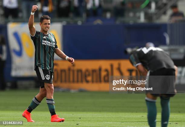 Javier Hernandez of Los Angeles Galaxy celebrates his goal in the second half against the New York Red Bulls at Dignity Health Sports Park on April...