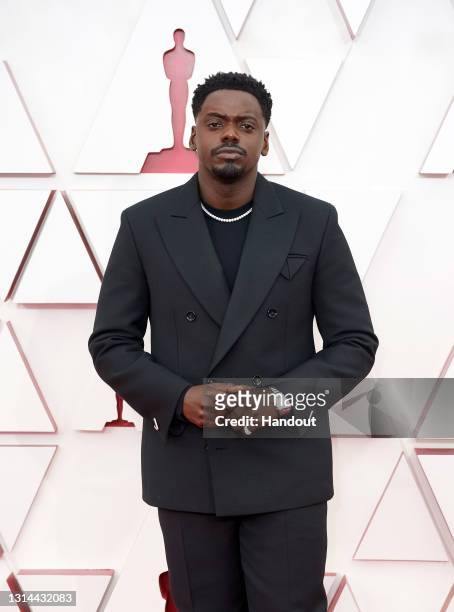 In this handout photo provided by A.M.P.A.S., Daniel Kaluuya attends the 93rd Annual Academy Awards at Union Station on April 25, 2021 in Los...