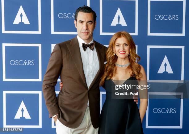 Sacha Baron Cohen and Isla Fisher attend a screening of the Oscars on Monday, April 26, 2021 in Sydney, Australia.