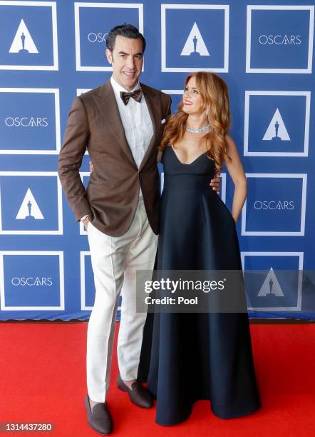 Sacha Baron Cohen and Isla Fisher attend a screening of the Oscars on Monday, April 26, 2021 in Sydney, Australia.
