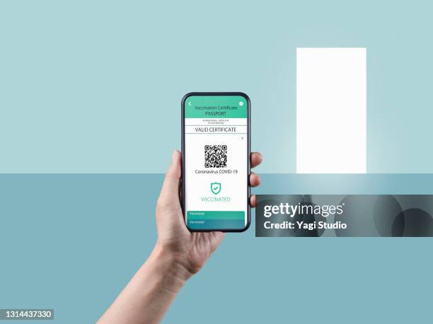 smartphone displaying a valid digital vaccination certificate passport for covid-19 in woman's hand - draagbaarheid stockfoto's en -beelden