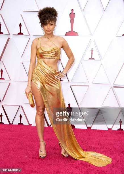 In this handout photo provided by A.M.P.A.S., Andra Day attends the 93rd Annual Academy Awards at Union Station on April 25, 2021 in Los Angeles,...
