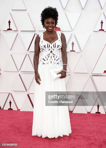 In this handout photo provided by A.M.P.A.S., Viola Davis attends the 93rd Annual Academy Awards at Union Station on April 25, 2021 in Los Angeles,...