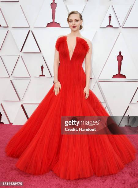 In this handout photo provided by A.M.P.A.S., Amanda Seyfried attends the 93rd Annual Academy Awards at Union Station on April 25, 2021 in Los...