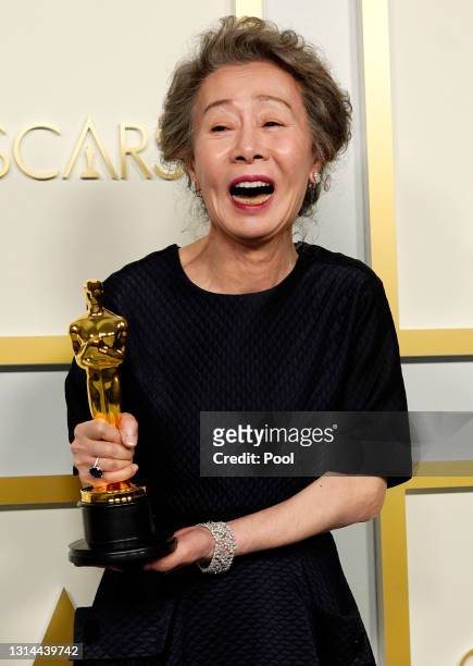 Yuh-Jung Youn, winner of Best Actress in a Supporting Role for "Minari," poses in the press room at the Oscars on Sunday, April 25 at Union Station...