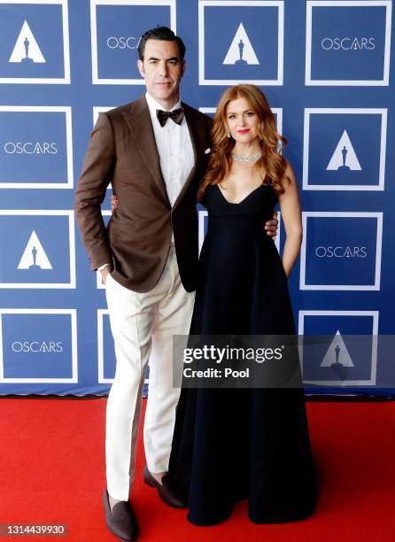 Sacha Baron Cohen and Isla Fisher attend a screening of the Oscars on Monday, April 26, 2021 in Sydney, Australia.