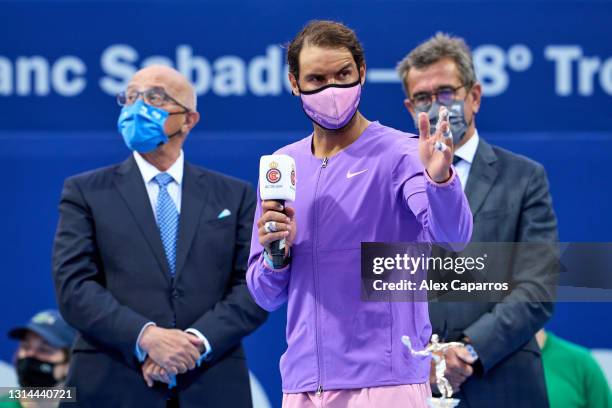 Rafael Nadal of Spain makes a speech after his victory against Stefanos Tsitsipas of Greece in their final match during day seven of the Barcelona...