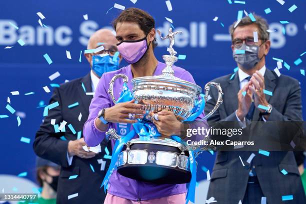 Rafael Nadal of Spain holds the trophy after his victory against Stefanos Tsitsipas of Greece in their final match during day seven of the Barcelona...